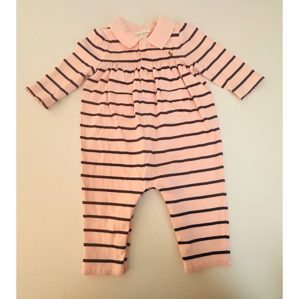 Ralph Lauren Baby Girls Romper One-Piece 6M Pink Navy Stripe Collared